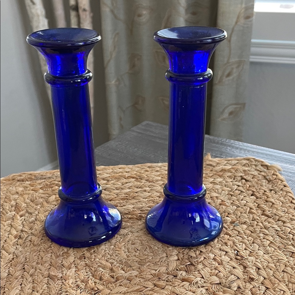 Pair of Colbalt Blue Glass Candle Holders